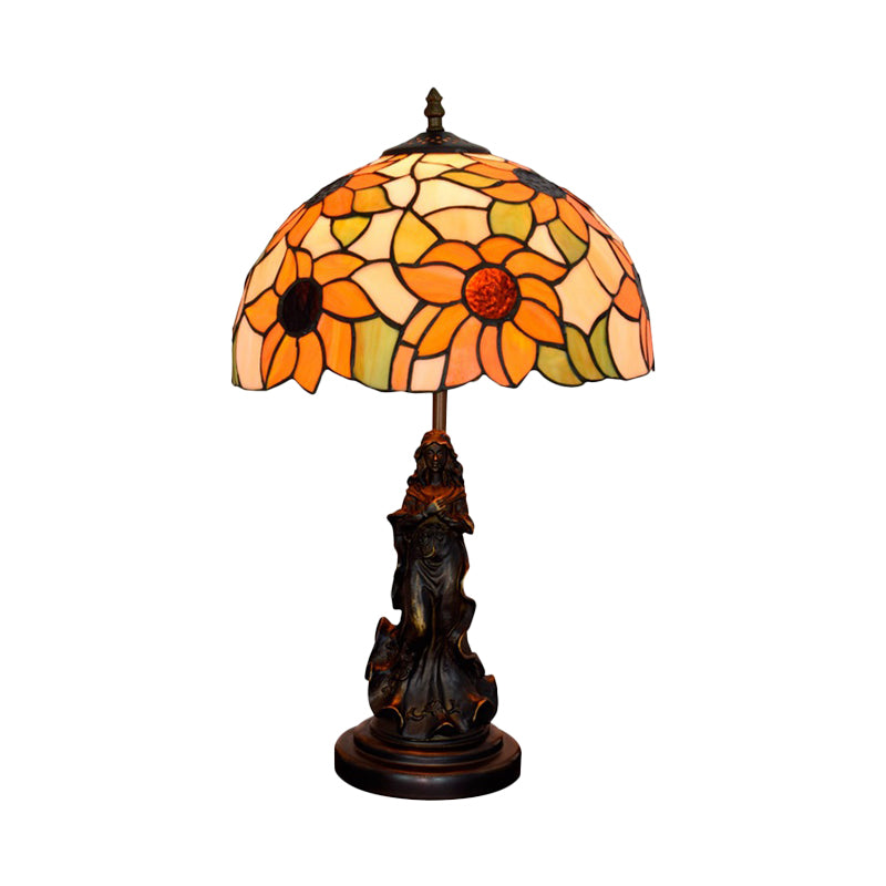 Sunflower Orange Glass Table Light Victorian Style 1 Head Bronze Nightstand Lamp with Resin Maid Base Clearhalo 'Lamps' 'Table Lamps' Lighting' 889384