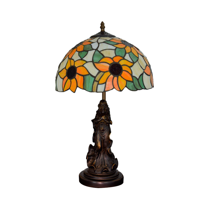 Sunflower Orange Glass Table Light Victorian Style 1 Head Bronze Nightstand Lamp with Resin Maid Base Clearhalo 'Lamps' 'Table Lamps' Lighting' 889385