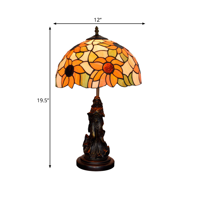 Sunflower Orange Glass Table Light Victorian Style 1 Head Bronze Nightstand Lamp with Resin Maid Base Clearhalo 'Lamps' 'Table Lamps' Lighting' 889386