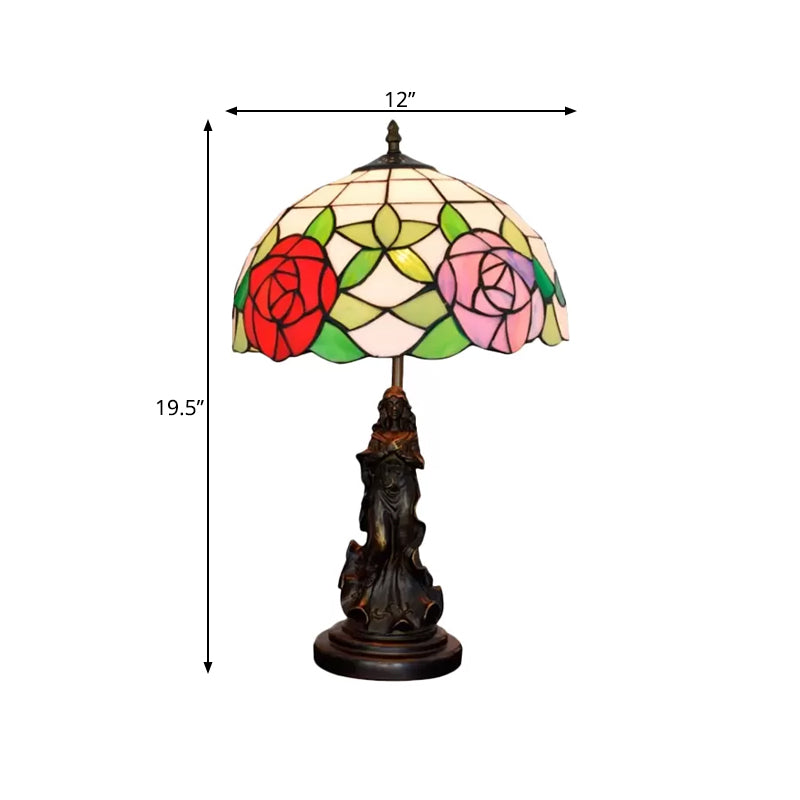 Bronze Beauty Nightstand Light Tiffany 1-Bulb Resin Table Lamp with Floral Pink/Purple Glass Shade Clearhalo 'Lamps' 'Table Lamps' Lighting' 889390