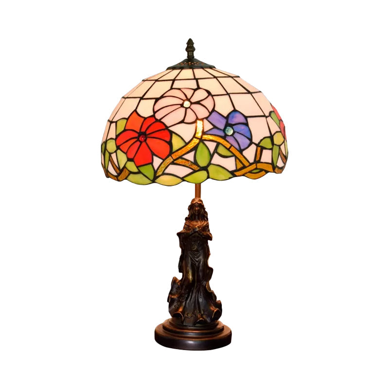Bronze Beauty Nightstand Light Tiffany 1-Bulb Resin Table Lamp with Floral Pink/Purple Glass Shade Clearhalo 'Lamps' 'Table Lamps' Lighting' 889393