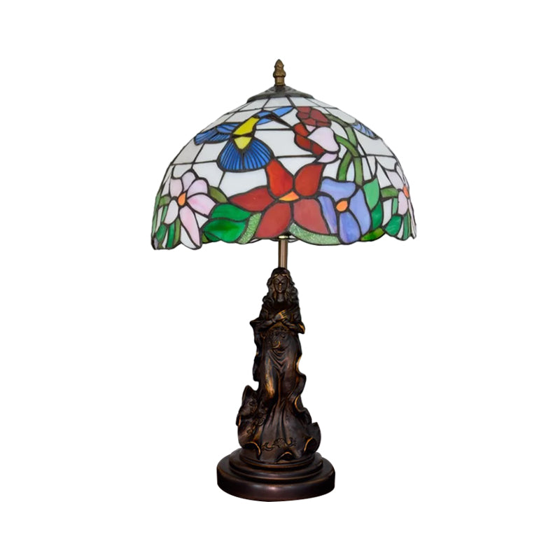 Magpie/Flower Patterned Dome Night Lamp Tiffany White/Beige Stained Glass 1 Head Bronze Table Light with Angel Pedestal Clearhalo 'Lamps' 'Table Lamps' Lighting' 889397