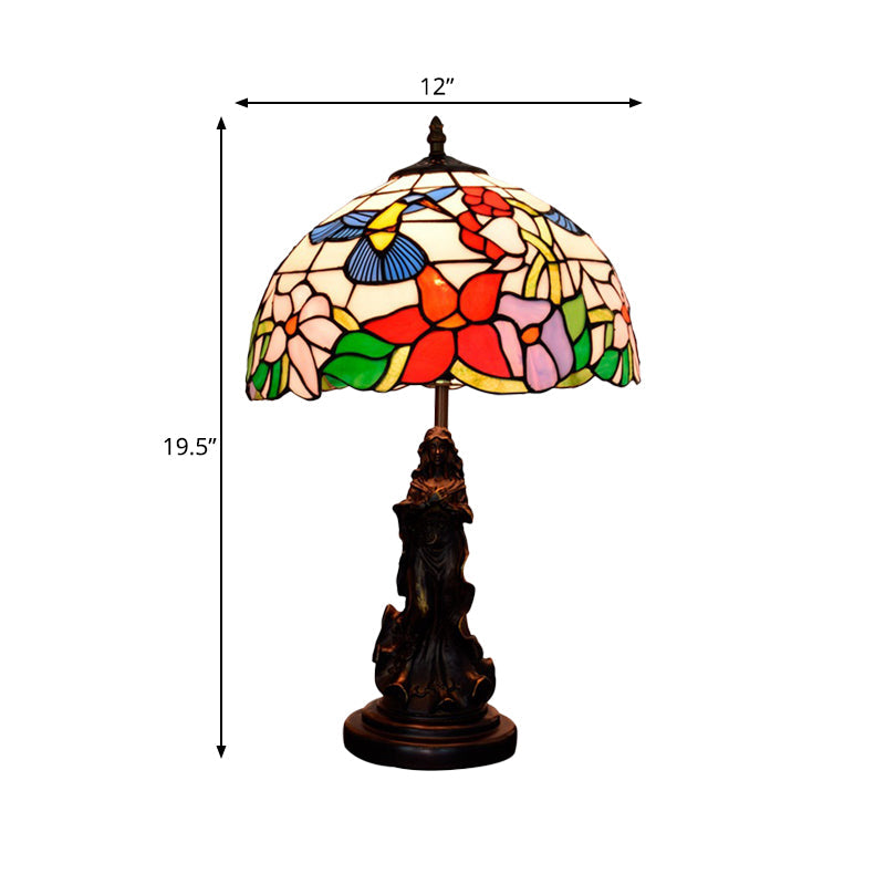 Magpie/Flower Patterned Dome Night Lamp Tiffany White/Beige Stained Glass 1 Head Bronze Table Light with Angel Pedestal Clearhalo 'Lamps' 'Table Lamps' Lighting' 889398