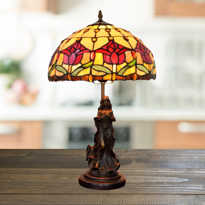 Magpie/Flower Patterned Dome Night Lamp Tiffany White/Beige Stained Glass 1 Head Bronze Table Light with Angel Pedestal Beige Clearhalo 'Lamps' 'Table Lamps' Lighting' 889399
