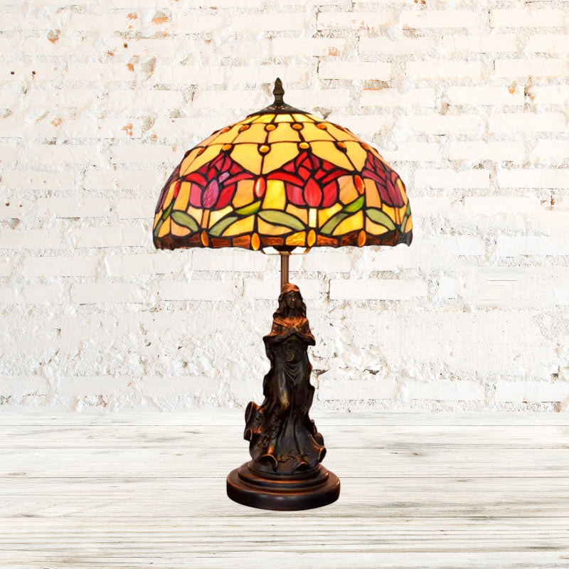 Magpie/Flower Patterned Dome Night Lamp Tiffany White/Beige Stained Glass 1 Head Bronze Table Light with Angel Pedestal Clearhalo 'Lamps' 'Table Lamps' Lighting' 889400