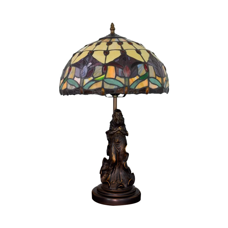 Magpie/Flower Patterned Dome Night Lamp Tiffany White/Beige Stained Glass 1 Head Bronze Table Light with Angel Pedestal Clearhalo 'Lamps' 'Table Lamps' Lighting' 889402