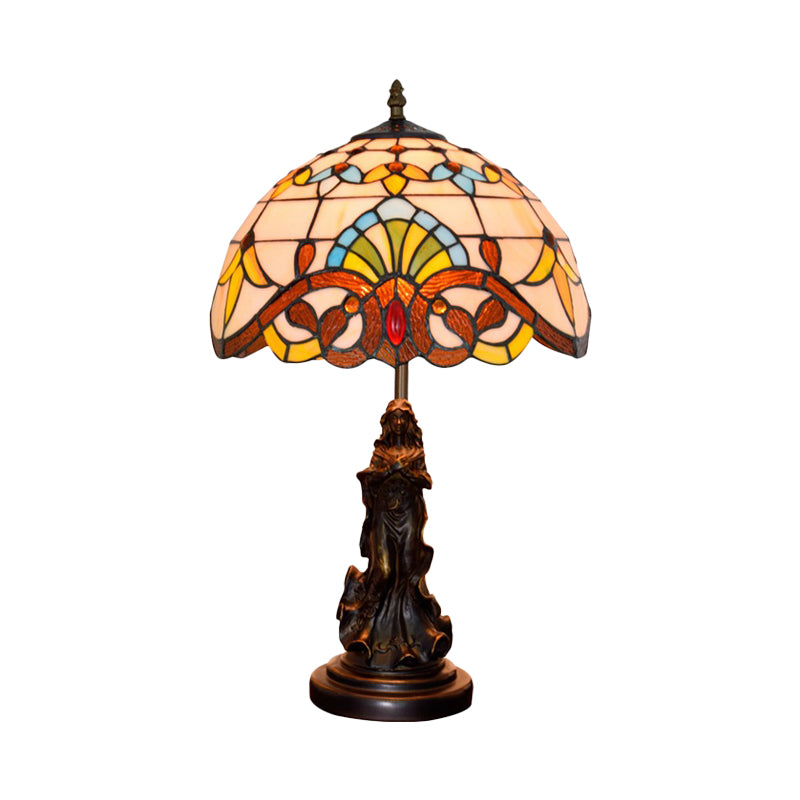 Beige/Blue Stained Glass Dome Table Light Tiffany Style 1 Bulb Bronze Nightstand Lamp with Angel Decoration Clearhalo 'Lamps' 'Table Lamps' Lighting' 889432