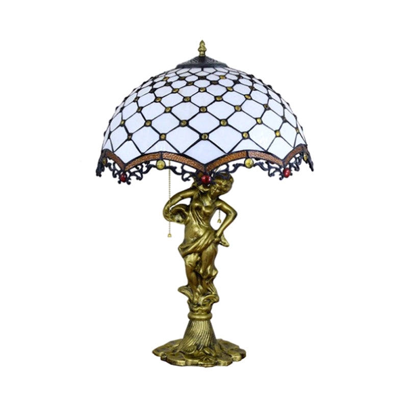 Scalloped-Trim Netting/Parrot Table Lamp Baroque Blue/White-Brown Glass 3 Lights Bronze Pull-Chain Night Light with Woman Sculpture Clearhalo 'Lamps' 'Table Lamps' Lighting' 889549