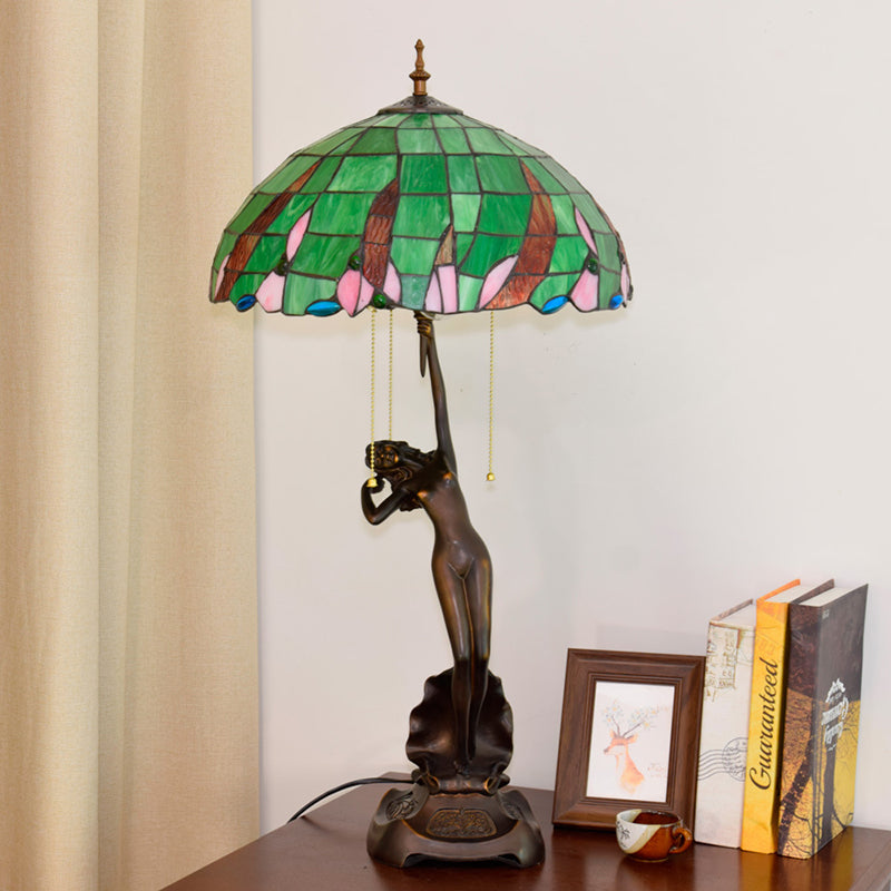 Coffee Female Dancer Nightstand Light Tiffany 3 Bulbs Resin Pull-Chain Table Lighting with Green Glass Shade Coffee Clearhalo 'Lamps' 'Table Lamps' Lighting' 889567