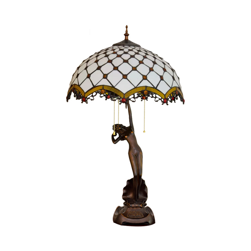 Resin Coffee Pull-Chain Night Stand Light Lady Statue 3-Light Tiffany Table Lamp with Parrot Blue-Brown/Trellis Yellow-White Glass Shade Clearhalo 'Lamps' 'Table Lamps' Lighting' 889605