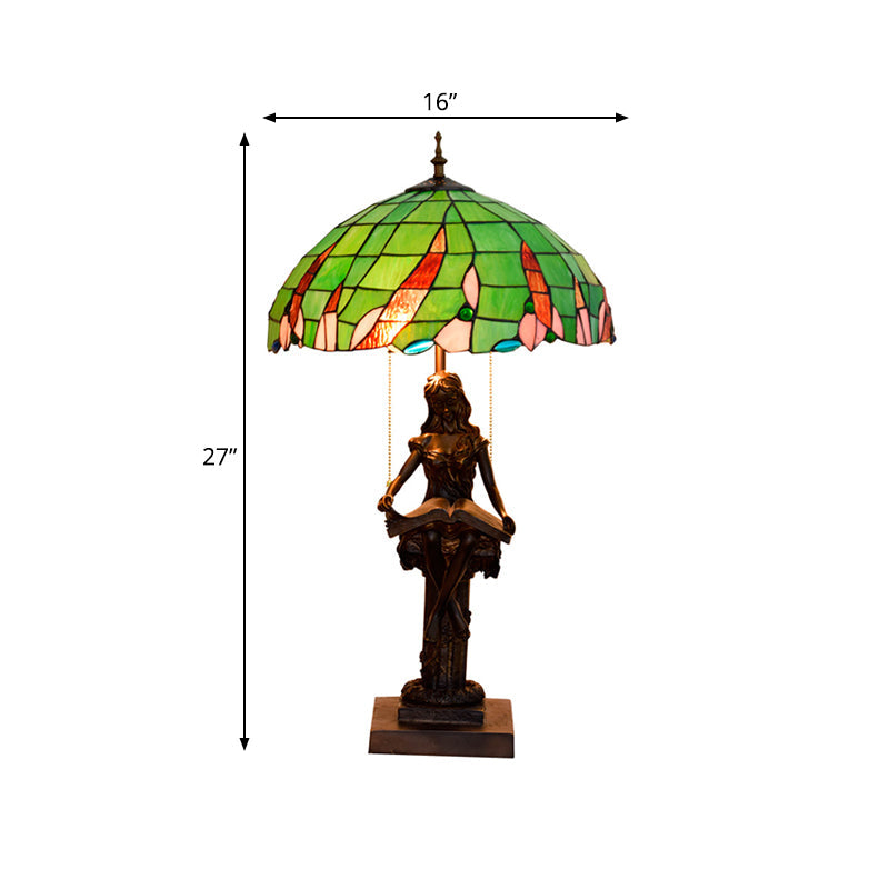 Girl Reading Resin Pull Chain Table Light Tiffany 2 Heads Coffee Nightstand Lamp with Bowl Green Glass Shade Clearhalo 'Lamps' 'Table Lamps' Lighting' 889630