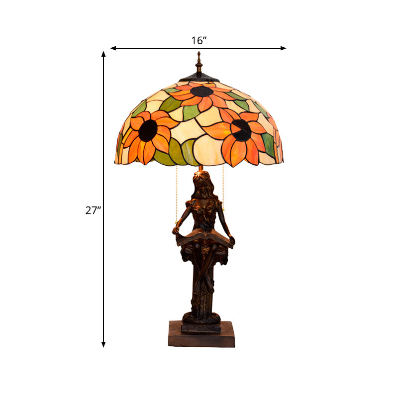 Little Girl Reading Book Table Lamp 2 Lights Resin Baroque Pull-Chain Nightstand Light with Sunflower Red/Orange Glass Shade Clearhalo 'Lamps' 'Table Lamps' Lighting' 889634