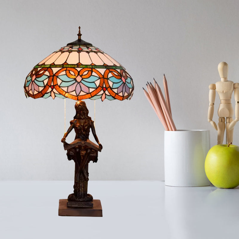 Tiffany-Style Girl Studying Table Light 2 Bulbs Resin Pull-Chain Night Lamp with Grain/Grid/Floral Beige/Blue-White/Blue-Brown Glass Shade Clearhalo 'Lamps' 'Table Lamps' Lighting' 889664