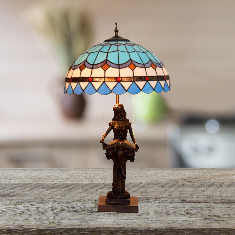 Tiffany-Style Girl Studying Table Light 2 Bulbs Resin Pull-Chain Night Lamp with Grain/Grid/Floral Beige/Blue-White/Blue-Brown Glass Shade Blue-White Clearhalo 'Lamps' 'Table Lamps' Lighting' 889667