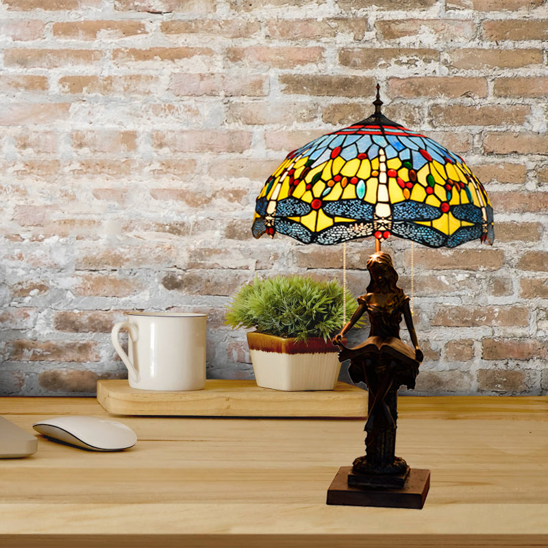 Dragonfly-Edge Night Light 2-Head Yellow/Orange/Green Cut Glass Tiffany Table Lighting with Pull Chain and Girl Pedestal Yellow Clearhalo 'Lamps' 'Table Lamps' Lighting' 889671