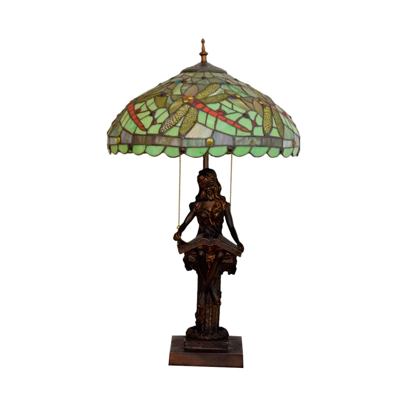 Dragonfly-Edge Night Light 2-Head Yellow/Orange/Green Cut Glass Tiffany Table Lighting with Pull Chain and Girl Pedestal Clearhalo 'Lamps' 'Table Lamps' Lighting' 889686