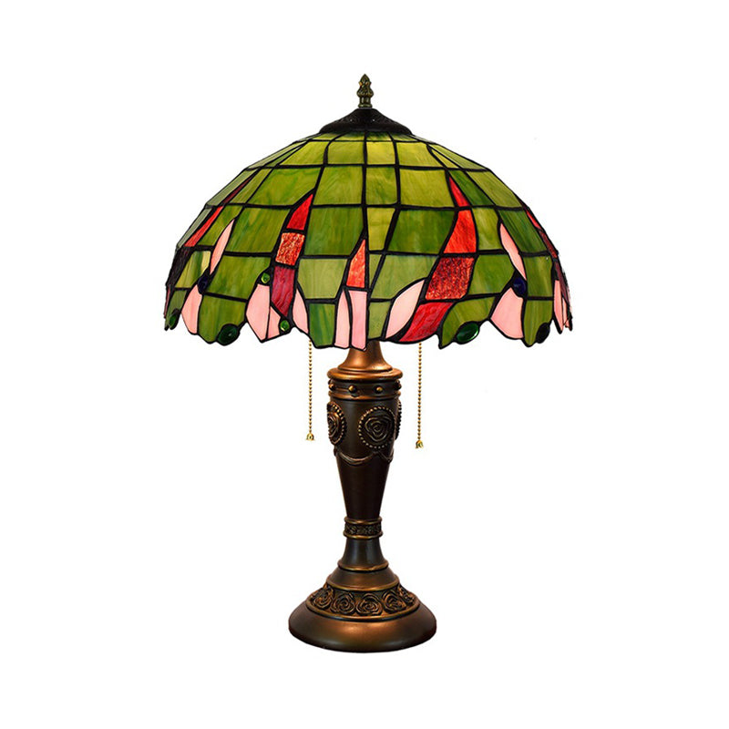 Bronze 2 Heads Table Lamp Tiffany Green Glass Leaf Patterned Bowl Nightstand Light with Pulling Chain Clearhalo 'Lamps' 'Table Lamps' Lighting' 889688