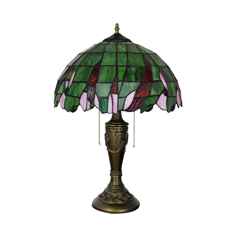 Bronze 2 Heads Table Lamp Tiffany Green Glass Leaf Patterned Bowl Nightstand Light with Pulling Chain Clearhalo 'Lamps' 'Table Lamps' Lighting' 889689