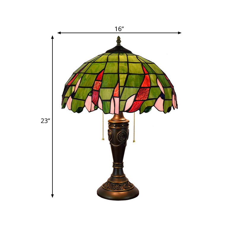 Bronze 2 Heads Table Lamp Tiffany Green Glass Leaf Patterned Bowl Nightstand Light with Pulling Chain Clearhalo 'Lamps' 'Table Lamps' Lighting' 889690