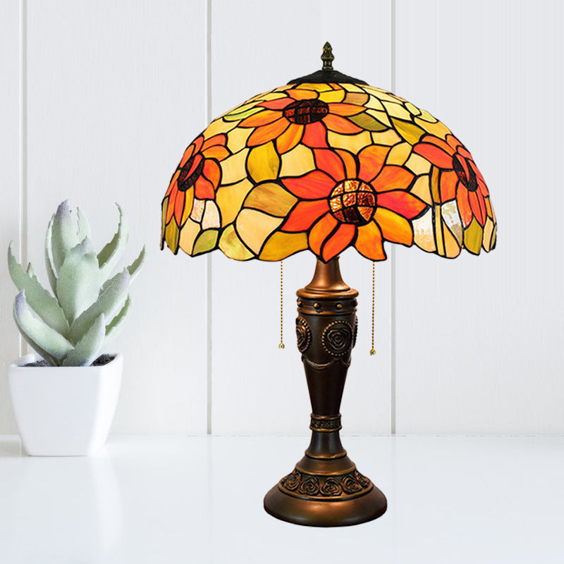 Dome Red/Orange Glass Night Lamp Tiffany 2 Lights Bronze Pull Chain Table Lighting with Carved Base Orange Clearhalo 'Lamps' 'Table Lamps' Lighting' 889691