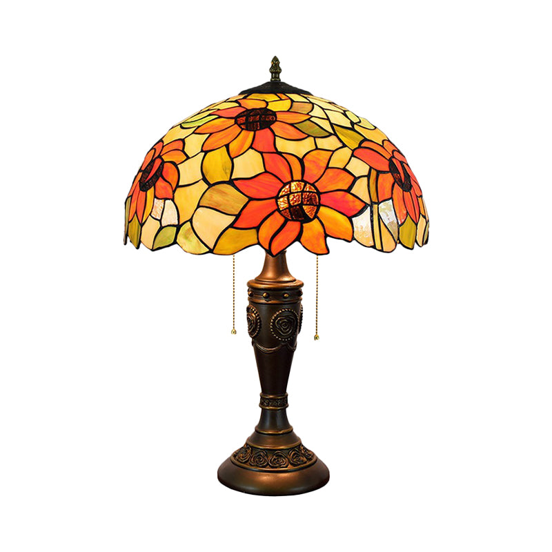 Dome Red/Orange Glass Night Lamp Tiffany 2 Lights Bronze Pull Chain Table Lighting with Carved Base Clearhalo 'Lamps' 'Table Lamps' Lighting' 889693