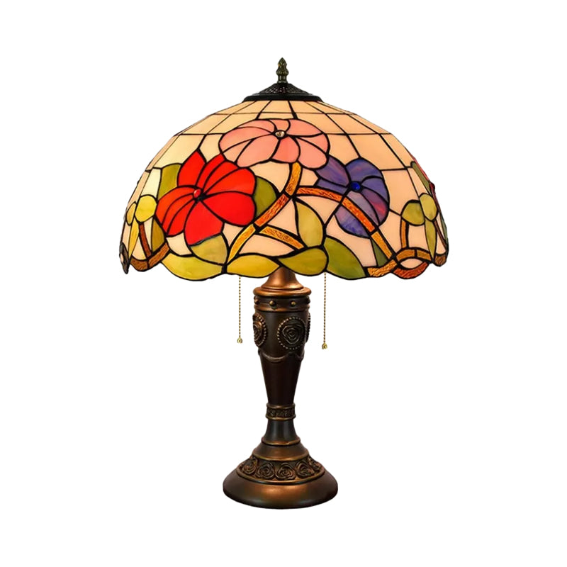 Dome Red/Orange Glass Night Lamp Tiffany 2 Lights Bronze Pull Chain Table Lighting with Carved Base Clearhalo 'Lamps' 'Table Lamps' Lighting' 889697