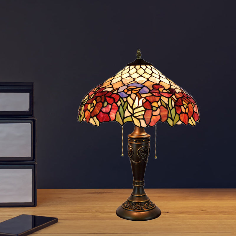 Barn Shade Pull-Chain Night Light Victorian Stained Floral Glass 2-Bulb Bronze Table Lamp for Living Room Bronze Clearhalo 'Lamps' 'Table Lamps' Lighting' 889699