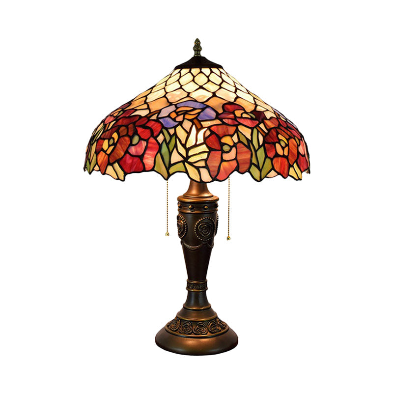 Barn Shade Pull-Chain Night Light Victorian Stained Floral Glass 2-Bulb Bronze Table Lamp for Living Room Clearhalo 'Lamps' 'Table Lamps' Lighting' 889700