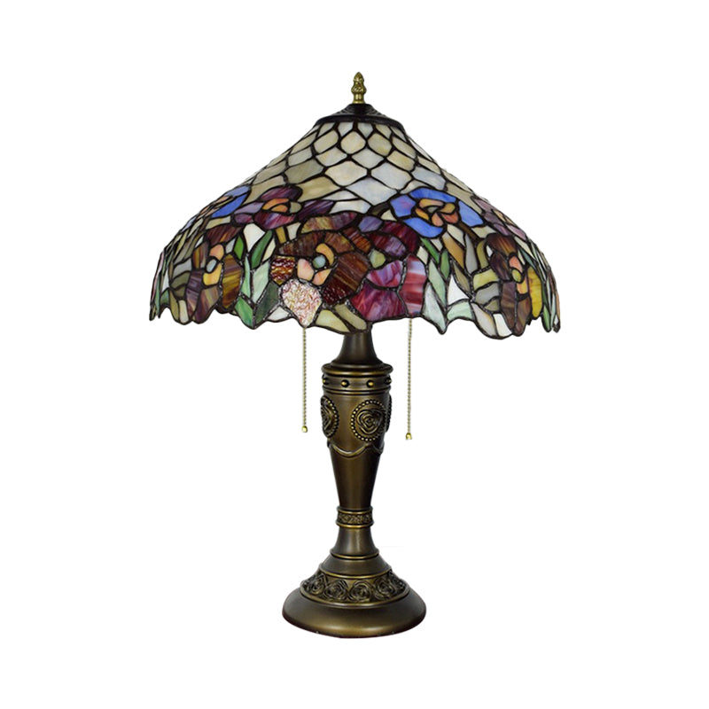 Barn Shade Pull-Chain Night Light Victorian Stained Floral Glass 2-Bulb Bronze Table Lamp for Living Room Clearhalo 'Lamps' 'Table Lamps' Lighting' 889701
