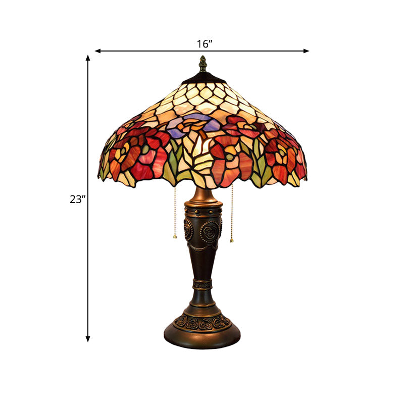Barn Shade Pull-Chain Night Light Victorian Stained Floral Glass 2-Bulb Bronze Table Lamp for Living Room Clearhalo 'Lamps' 'Table Lamps' Lighting' 889702