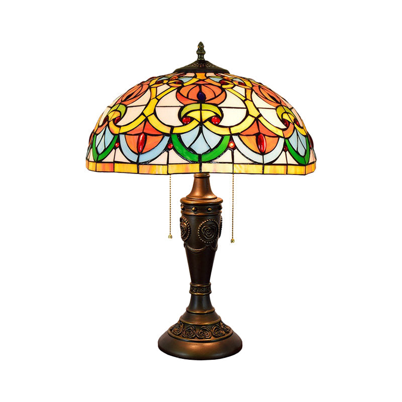 2 Lights Chamber Nightstand Light Tiffany Bronze Pull Chain Table Lamp with Bowl Stained Art Glass Shade Clearhalo 'Lamps' 'Table Lamps' Lighting' 889712