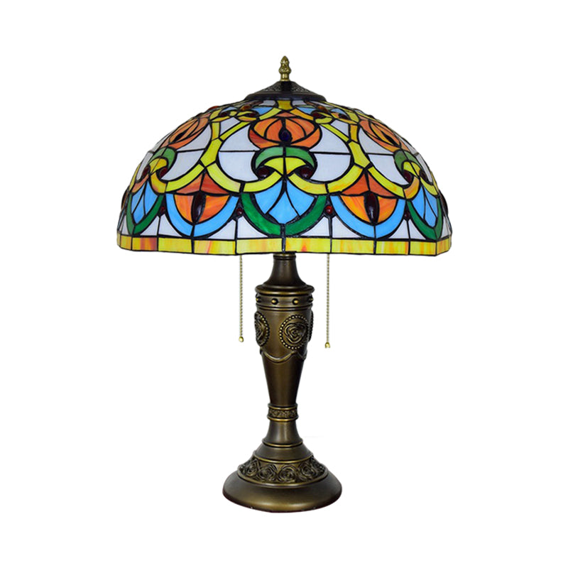 2 Lights Chamber Nightstand Light Tiffany Bronze Pull Chain Table Lamp with Bowl Stained Art Glass Shade Clearhalo 'Lamps' 'Table Lamps' Lighting' 889713