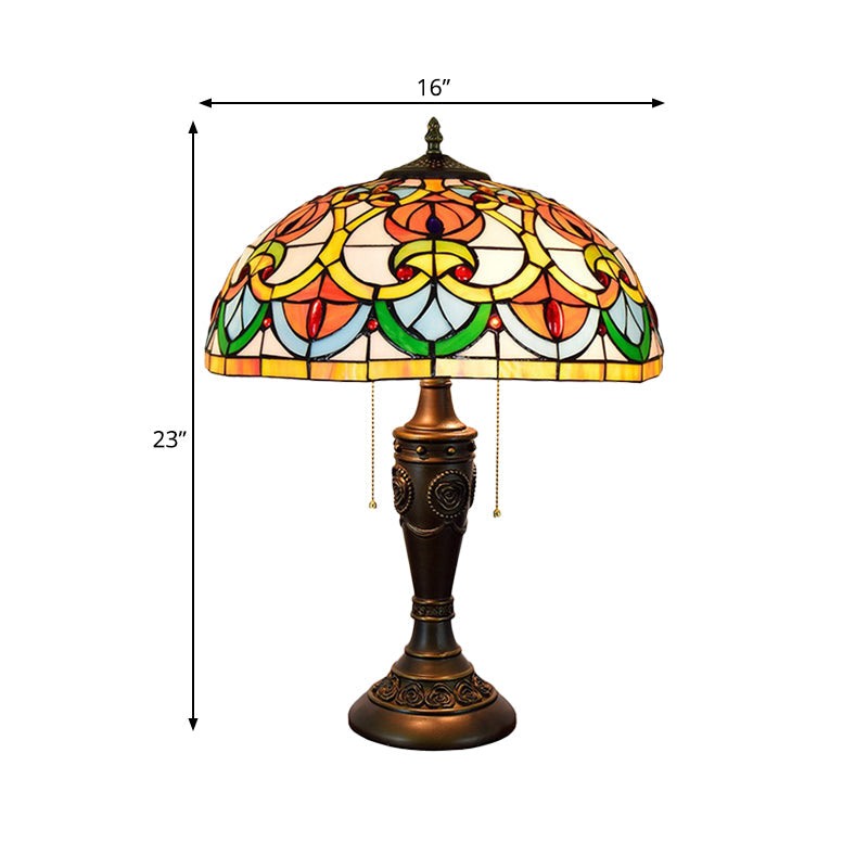 2 Lights Chamber Nightstand Light Tiffany Bronze Pull Chain Table Lamp with Bowl Stained Art Glass Shade Clearhalo 'Lamps' 'Table Lamps' Lighting' 889714