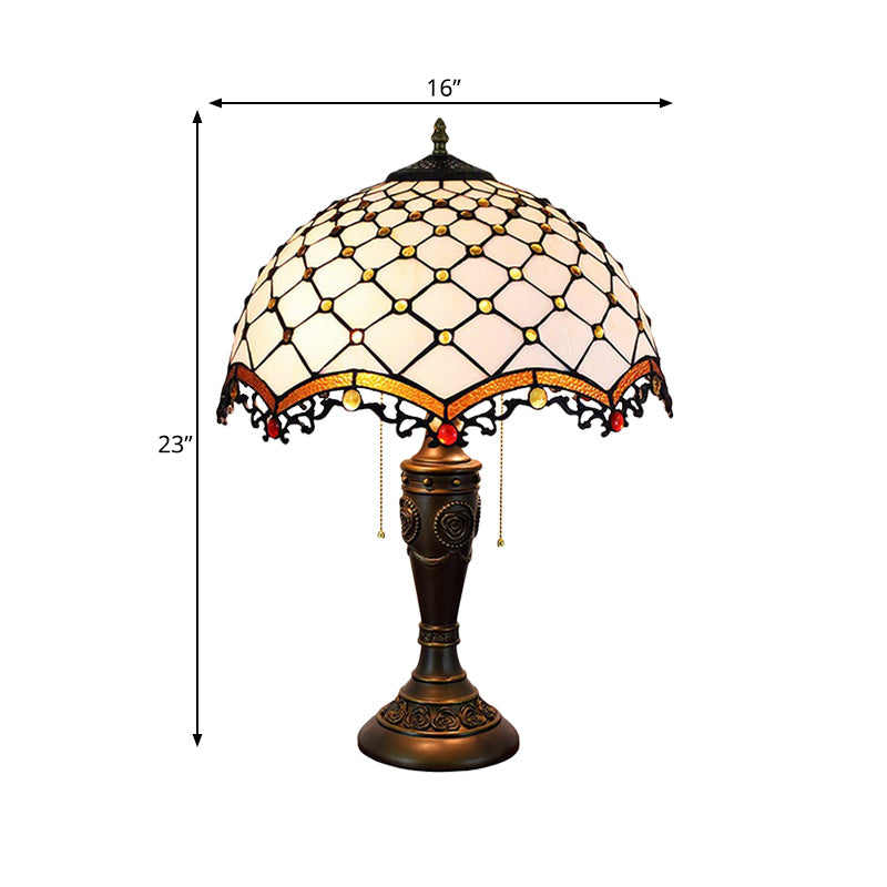 White Glass Fishscale Table Light Baroque Style 2 Lights Bronze Night Lamp with Pull Chain for Sitting Room Clearhalo 'Lamps' 'Table Lamps' Lighting' 889718