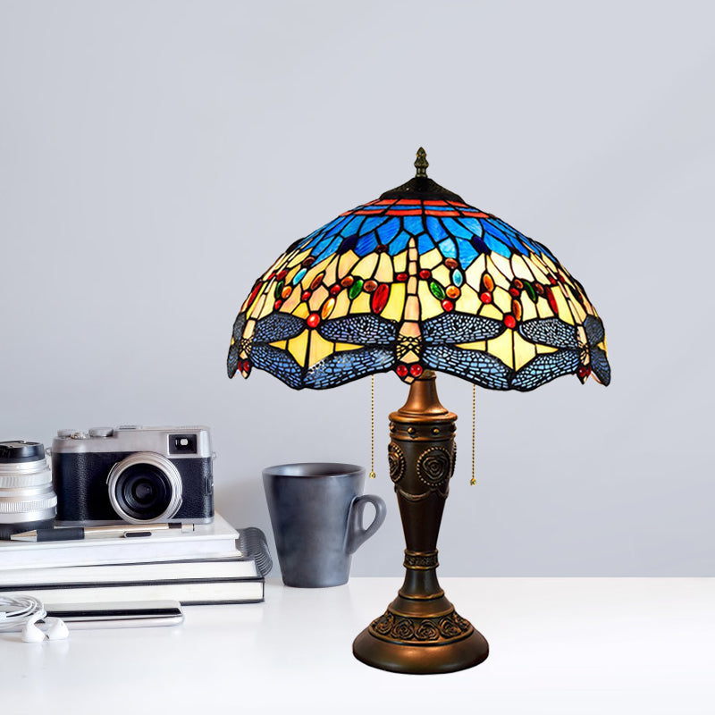 Mediterranean Dragonflies Jeweled Table Lamp 2 Bulbs Blue-Green/Yellow-Blue Glass Nightstand Light with Pull Chain Switch Yellow-Blue Clearhalo 'Lamps' 'Table Lamps' Lighting' 889719