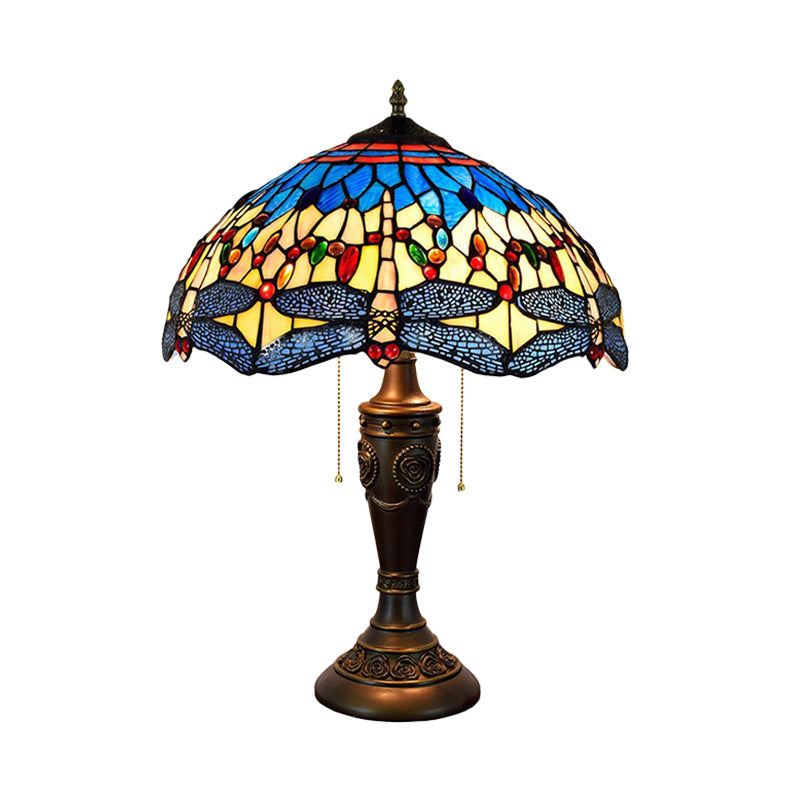 Mediterranean Dragonflies Jeweled Table Lamp 2 Bulbs Blue-Green/Yellow-Blue Glass Nightstand Light with Pull Chain Switch Clearhalo 'Lamps' 'Table Lamps' Lighting' 889720