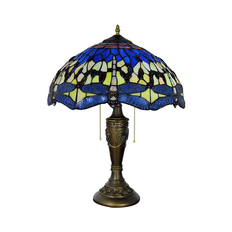 Mediterranean Dragonflies Jeweled Table Lamp 2 Bulbs Blue-Green/Yellow-Blue Glass Nightstand Light with Pull Chain Switch Clearhalo 'Lamps' 'Table Lamps' Lighting' 889721