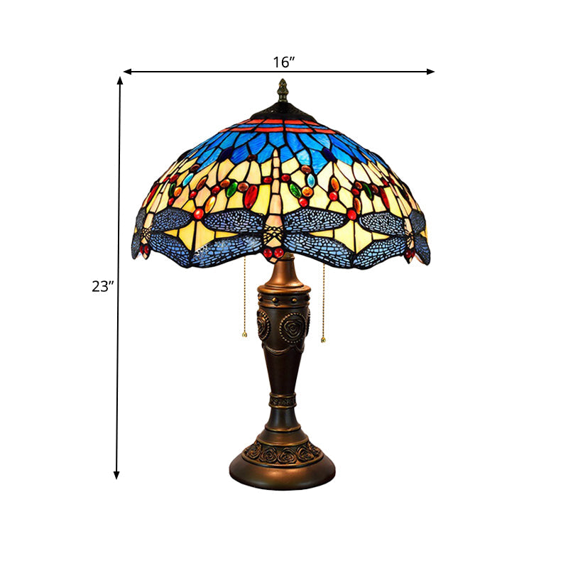 Mediterranean Dragonflies Jeweled Table Lamp 2 Bulbs Blue-Green/Yellow-Blue Glass Nightstand Light with Pull Chain Switch Clearhalo 'Lamps' 'Table Lamps' Lighting' 889722