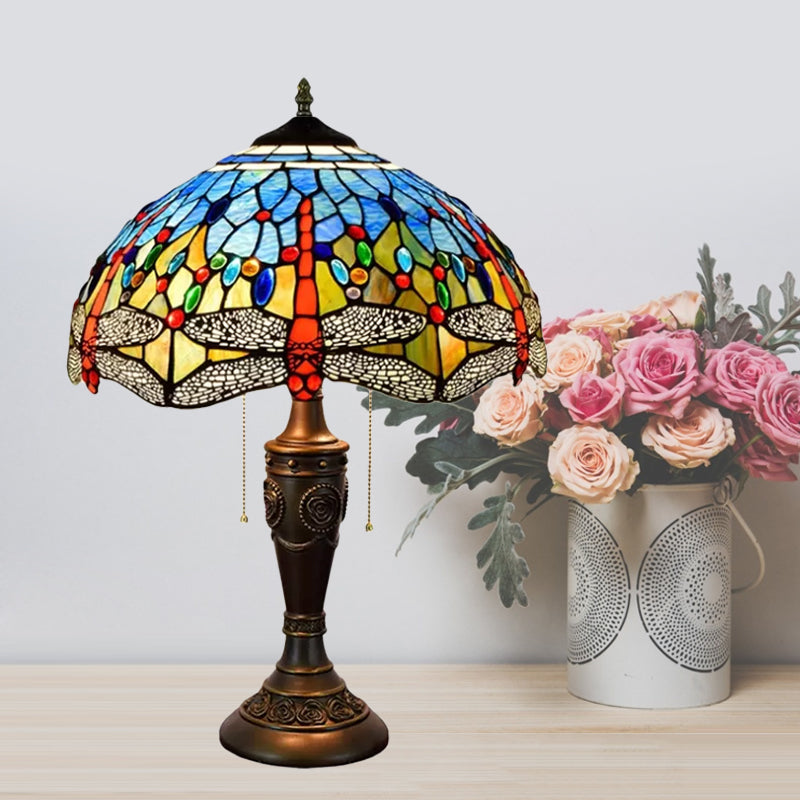 Mediterranean Dragonflies Jeweled Table Lamp 2 Bulbs Blue-Green/Yellow-Blue Glass Nightstand Light with Pull Chain Switch Blue-Green Clearhalo 'Lamps' 'Table Lamps' Lighting' 889723
