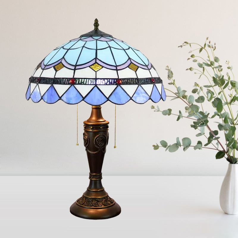 2 Heads Night Stand Lamp Mediterranean Teardrop-Edge Blue and White/Scroll Beige Glass Table Light with Pull Chain Blue-White Clearhalo 'Lamps' 'Table Lamps' Lighting' 889731