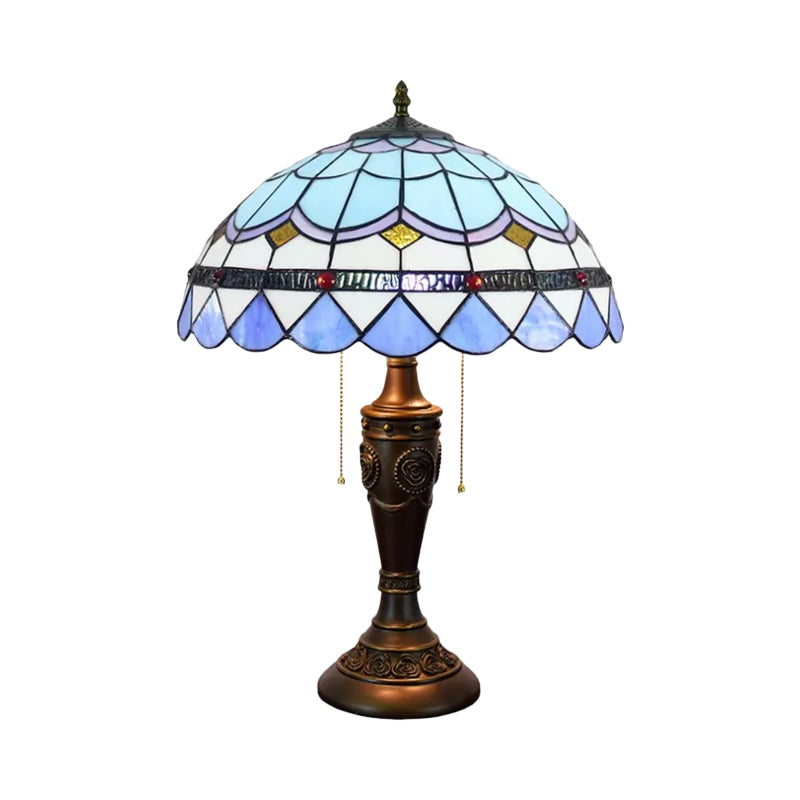 2 Heads Night Stand Lamp Mediterranean Teardrop-Edge Blue and White/Scroll Beige Glass Table Light with Pull Chain Clearhalo 'Lamps' 'Table Lamps' Lighting' 889733