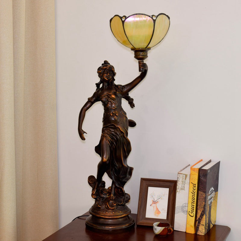 Single Scalloped/Cone Shade Table Light Tiffany Yellow/White-Brown Glass Nightstand Lamp with Greek Woman Statue Yellow Clearhalo 'Lamps' 'Table Lamps' Lighting' 889735