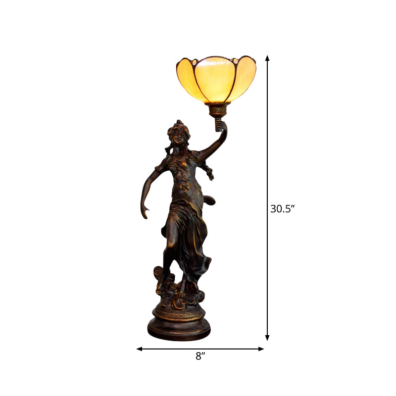Single Scalloped/Cone Shade Table Light Tiffany Yellow/White-Brown Glass Nightstand Lamp with Greek Woman Statue Clearhalo 'Lamps' 'Table Lamps' Lighting' 889738
