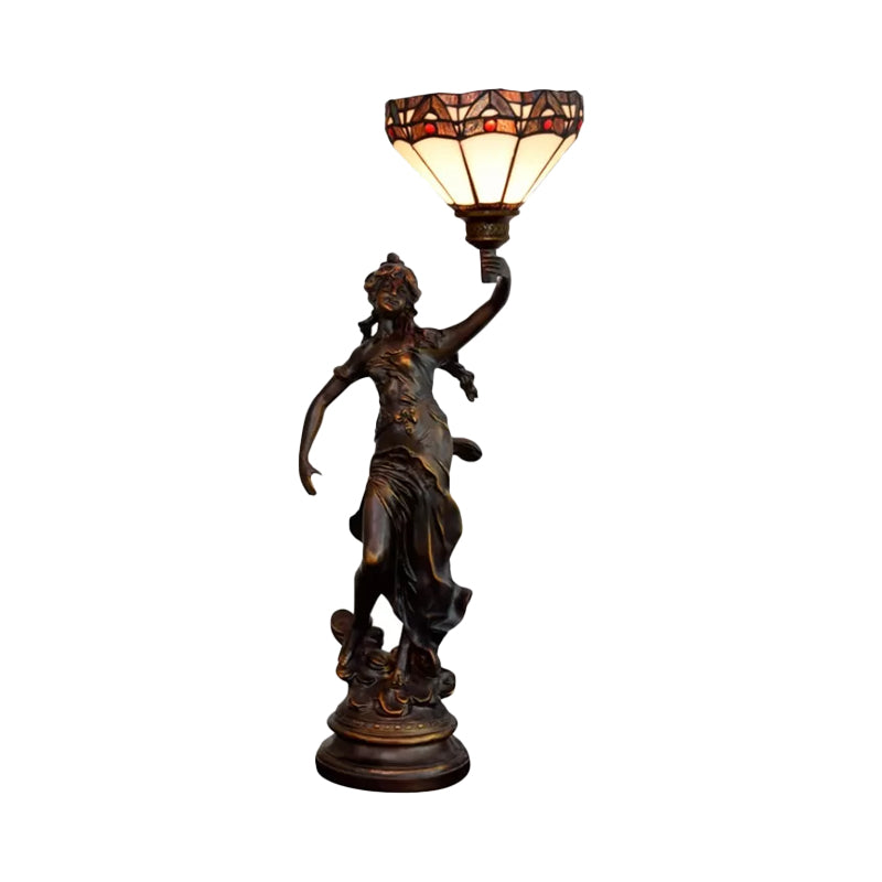 Single Scalloped/Cone Shade Table Light Tiffany Yellow/White-Brown Glass Nightstand Lamp with Greek Woman Statue Clearhalo 'Lamps' 'Table Lamps' Lighting' 889741