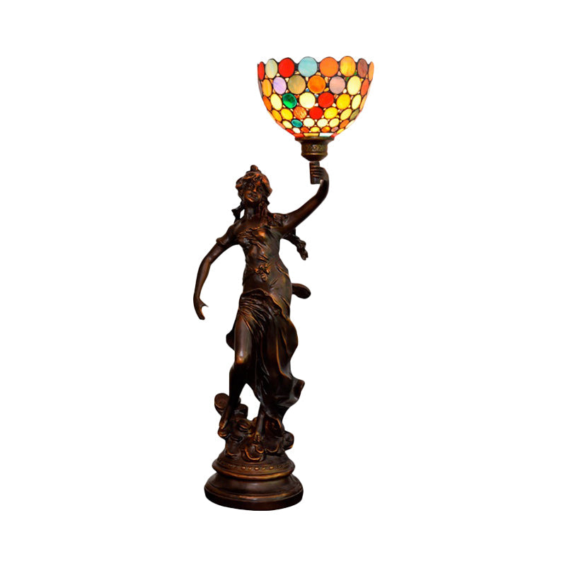 Stained Glass Coffee Night Lamp Woman Holding Torch Design 1 Head Tiffany Table Light Clearhalo 'Lamps' 'Table Lamps' Lighting' 889744