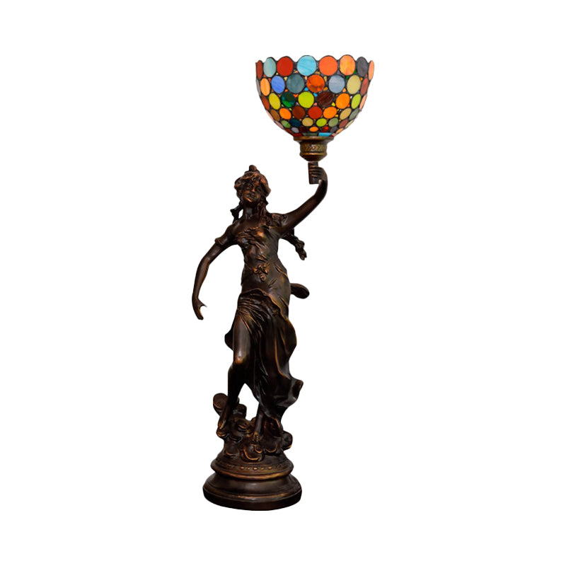 Stained Glass Coffee Night Lamp Woman Holding Torch Design 1 Head Tiffany Table Light Clearhalo 'Lamps' 'Table Lamps' Lighting' 889745