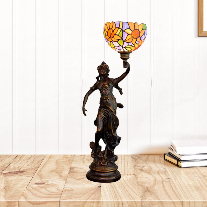 Inverted Bell Table Lighting 1-Light Orange/Yellow-Blue Sunflower Glass Tiffany Night Lamp with Girl Pedestal Yellow-Blue Clearhalo 'Lamps' 'Table Lamps' Lighting' 889747