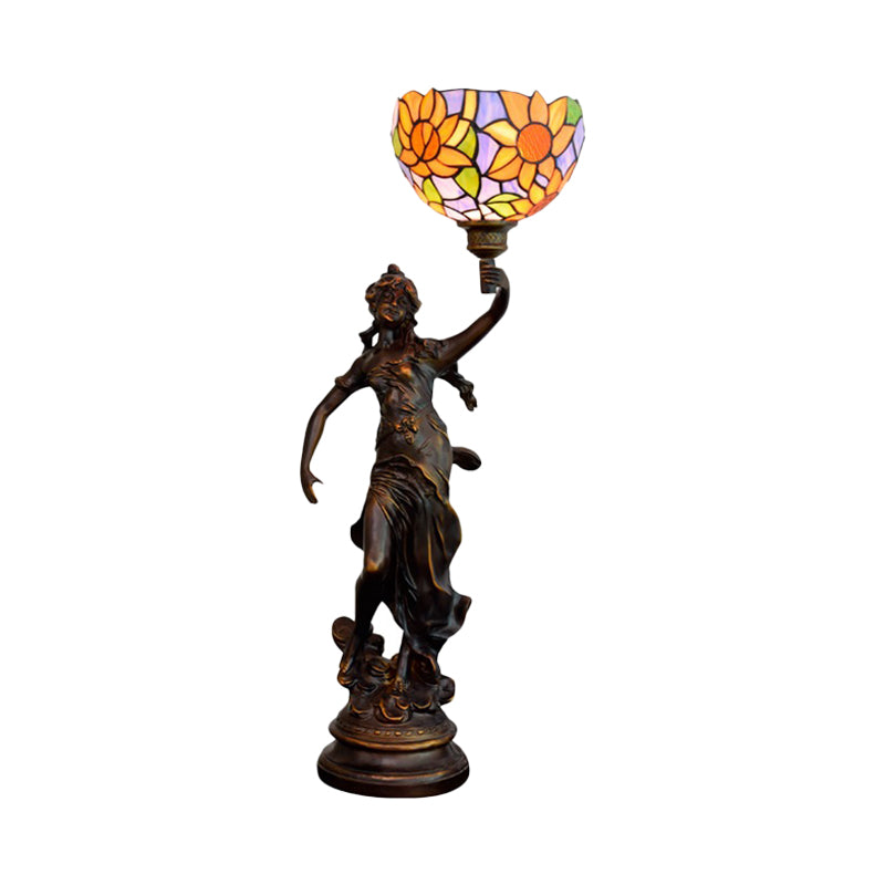 Inverted Bell Table Lighting 1-Light Orange/Yellow-Blue Sunflower Glass Tiffany Night Lamp with Girl Pedestal Clearhalo 'Lamps' 'Table Lamps' Lighting' 889748
