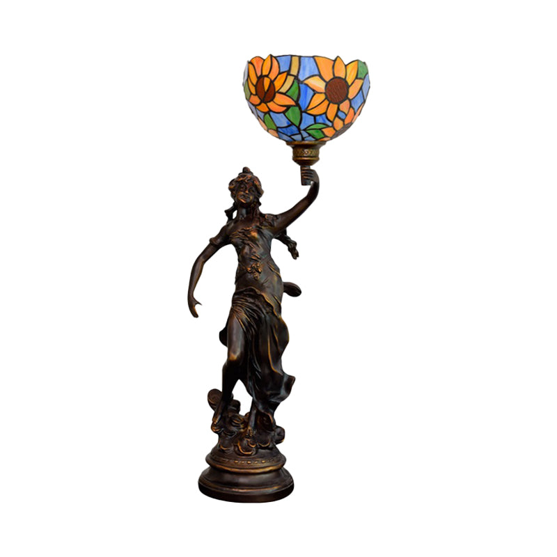 Inverted Bell Table Lighting 1-Light Orange/Yellow-Blue Sunflower Glass Tiffany Night Lamp with Girl Pedestal Clearhalo 'Lamps' 'Table Lamps' Lighting' 889749