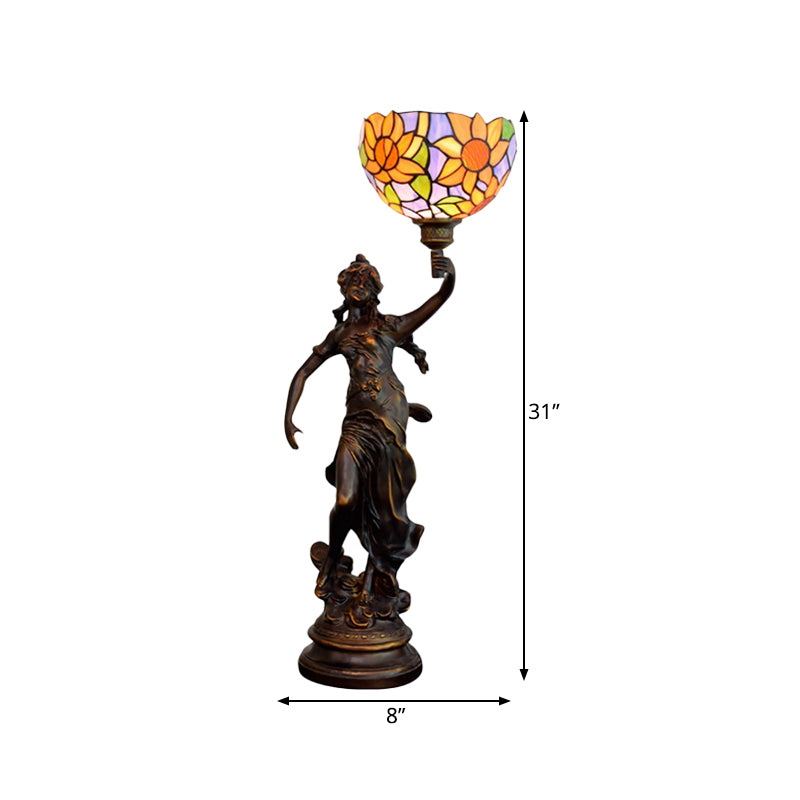 Inverted Bell Table Lighting 1-Light Orange/Yellow-Blue Sunflower Glass Tiffany Night Lamp with Girl Pedestal Clearhalo 'Lamps' 'Table Lamps' Lighting' 889750